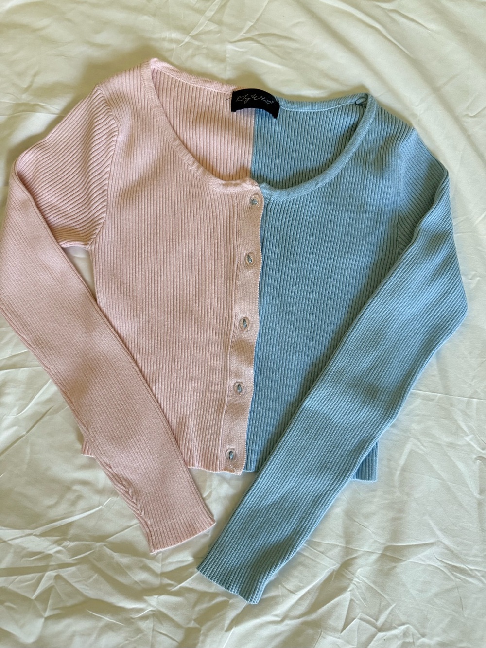 Say What? Two-Tone Ribbed Cardigan in Pink & Light Blue